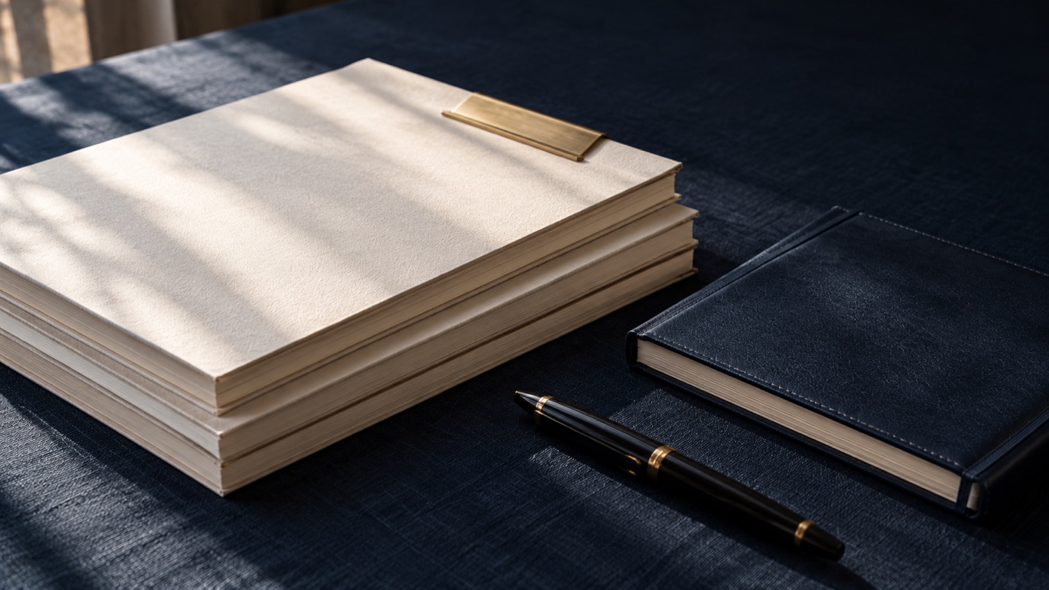 ネイビーの麻の机に揃えて置かれた提案書、手帳、万年筆